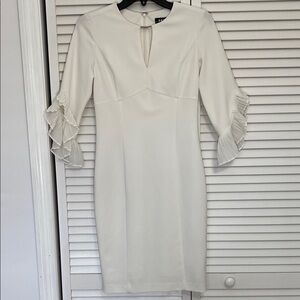 DKNY Cream Sheath Dress with Mock Neck and Bell Sleeves